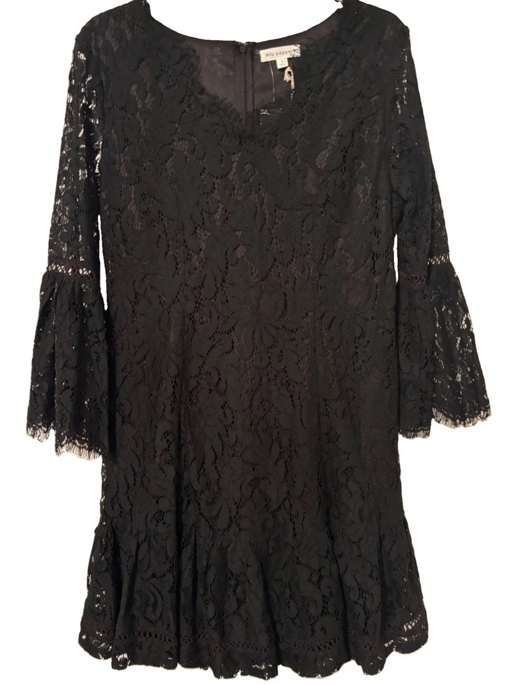 Blu Pepper Black Lace Bell-Sleeve Ruffle Hem Lined Shift Dress